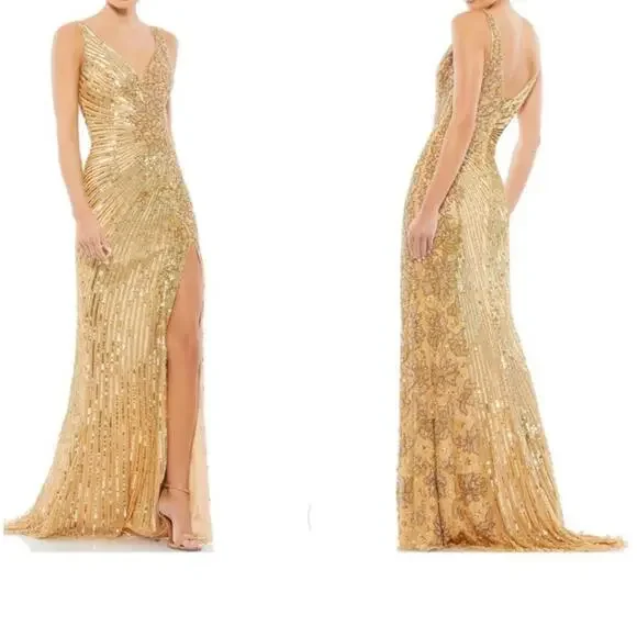 $598 Mac Duggal 5473 High Slit Embellished Sequins Dress Gold Size 8 NWT - Picture 14 of 16